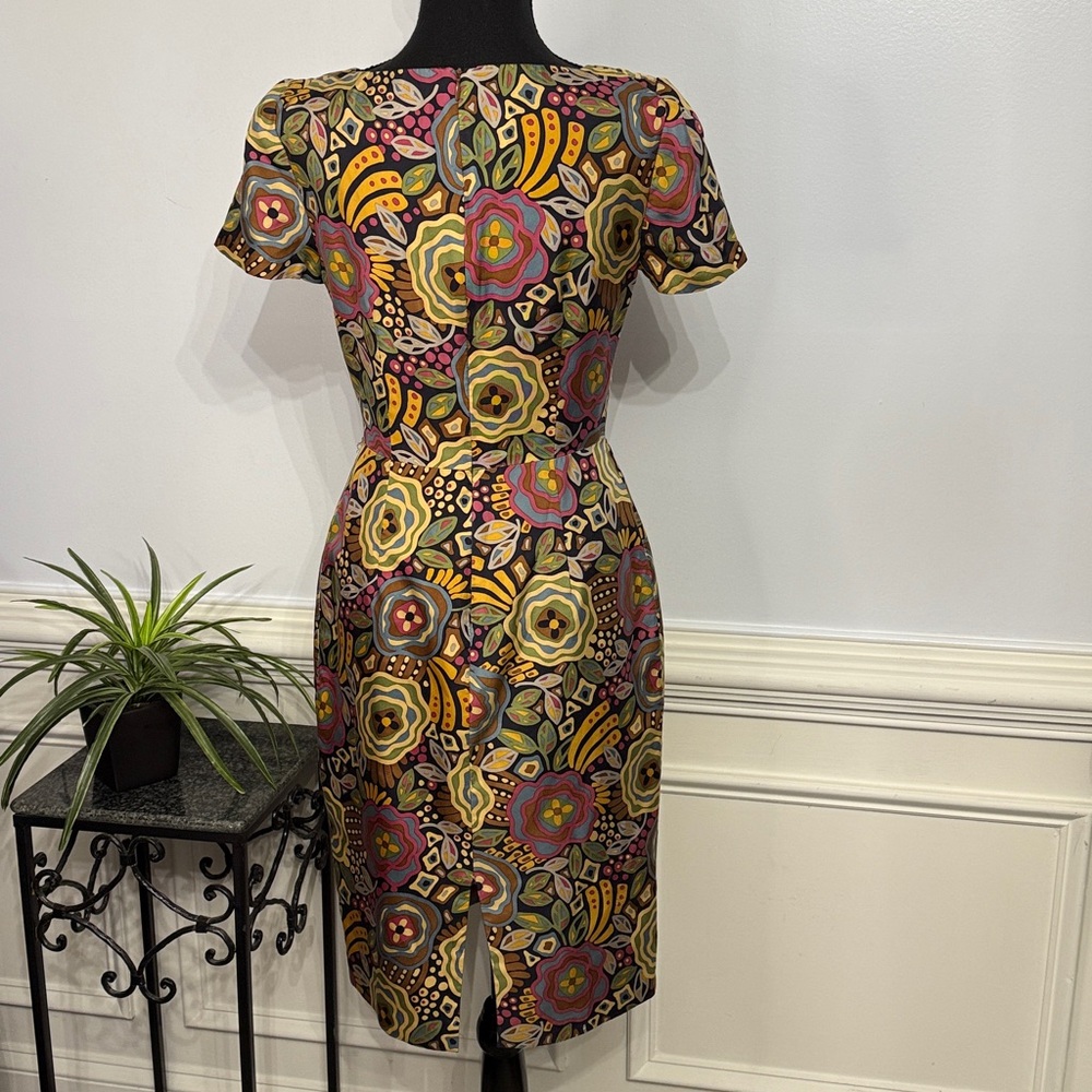 Vintage David Meister 100% Silk Geometric Floral Fitted 70’s Dress 4 - Picture 4 of 6